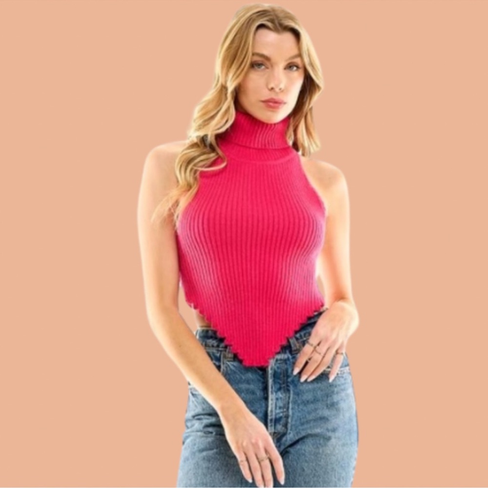 New Sexy Hot Pink Turtleneck Hanky Hem Crop Knit Top